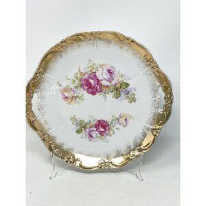 Vintage Antique Gold Trimmed Handled Platter Cake Plate Pink Roses 10”
